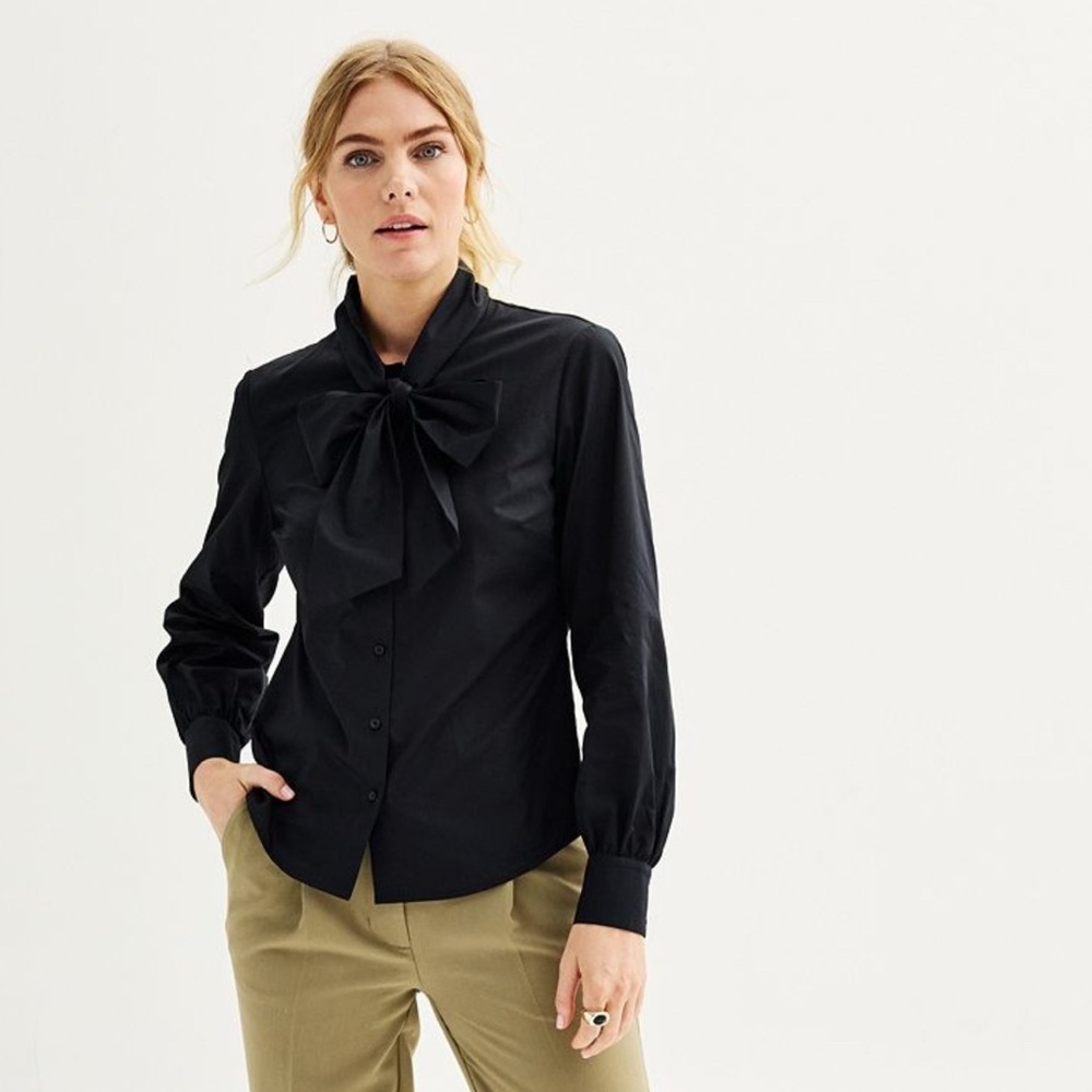 Nine West Charcoal Button-Up Blouse with Neck Tie